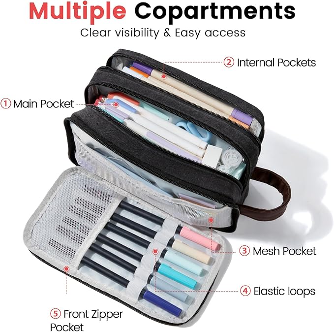 Sooez Large Pencil Case Pouch, Extra Big Pencil Pouch Pencil Bag with PU Handle & Zipper, Sturdy Pen Case with 3 Compartments, Aesthetic School College Supplies Organizer for Men Women Boys, Gray