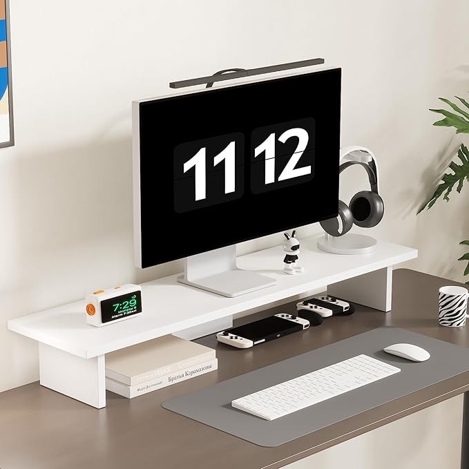 Monitor Stand Riser,Wood & Acrylic Computer Monitor Stand with LED Light,Desk Accessories Desktop Organizer Stand for Computer,Laptop,Printer,PC & TV Screen Riser… (All White)