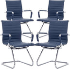 Office Desk Chair No Wheels Set of 4 PU Leather Computer Chairs Mid Back Guest Chairs for School Reception Conference Waiting Room, Navy Blue