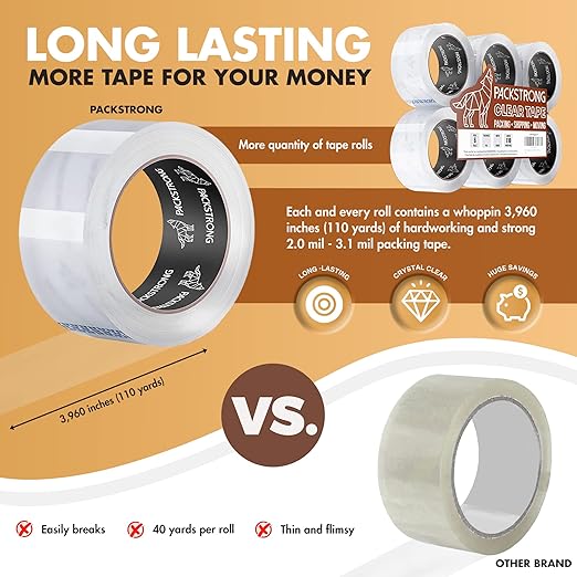 Packstrong Industrial Grade Clear Packing Tape 12 Rolls - 110 Yards per Roll - 2" Wide x 2 mil Thick, Acrylic Adhesive Tape for Box Office Moving Packaging Shipping
