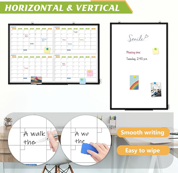 36" x 24" Magnetic Dry Erase Calendar Whiteboard, 4 Month Calendar White Board Planner, Black Aluminum Frame Wall Mounted Board for Office Home and School