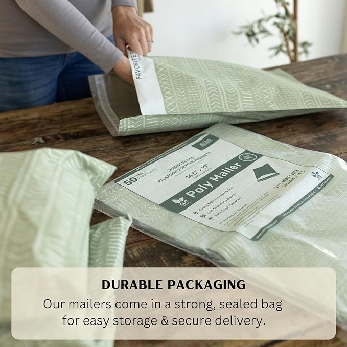 Poly Mailers 14.5x19 Inch 50 Pack Extra-Large Shipping Bags | Strong Thick Mailing Envelopes | Self- Adhesive | Waterproof & Tear Proof | Small Business Packaging for Clothing - Boho Sage Green