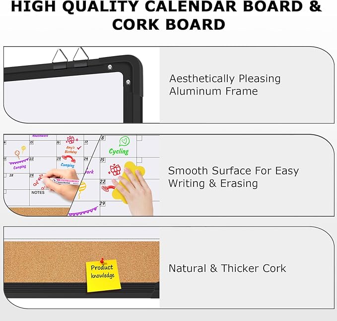 EAONE 16x12 in Double Side Whiteboard Calendar & Cork Board Combo for Wall, 3 in 1 Magnetic Dry Erase Whiteboard Monthly Calendar and Bulletin Board with Aluminum Frame for Home Office Kitchen
