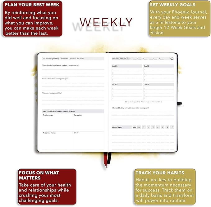 The Phoenix Journal - Best Daily Goal Planner, Organizer, & Calendar for Goal Setting, Gratitude, Happiness, & Productivity - Vision Board & Habit Tracking - 12 Weeks, Undated, Hardcover (Classic)