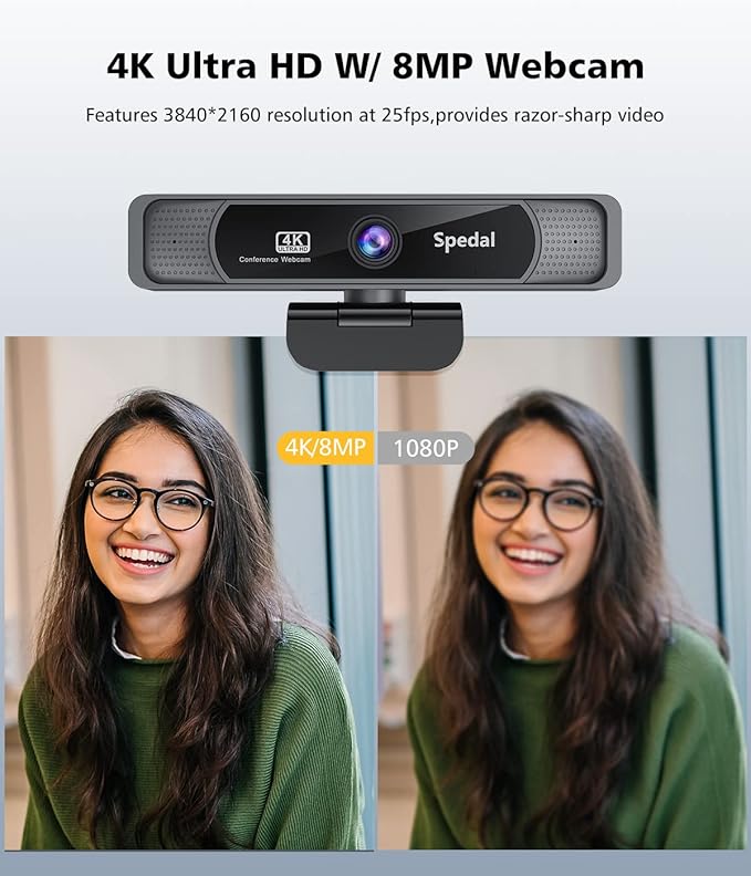 Spedal 4K UHD Webcam with Built-in AI Noise Reduction Dual Microphones,120° Wide Angle Zoomable Webcam with Remote and Software Control for Conferencing/Streaming/Online Teaching/Video Calling
