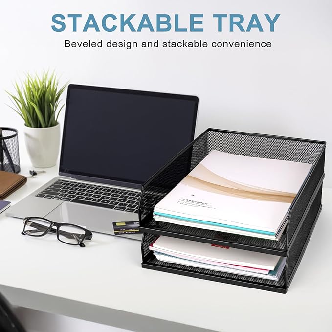 Stackable Paper Tray Organizer, Metal Mesh Wire Letter Tray, Letter Trays Organizers, Front-Load Paper Holder Storage for Office, School, Home,2 Pcs