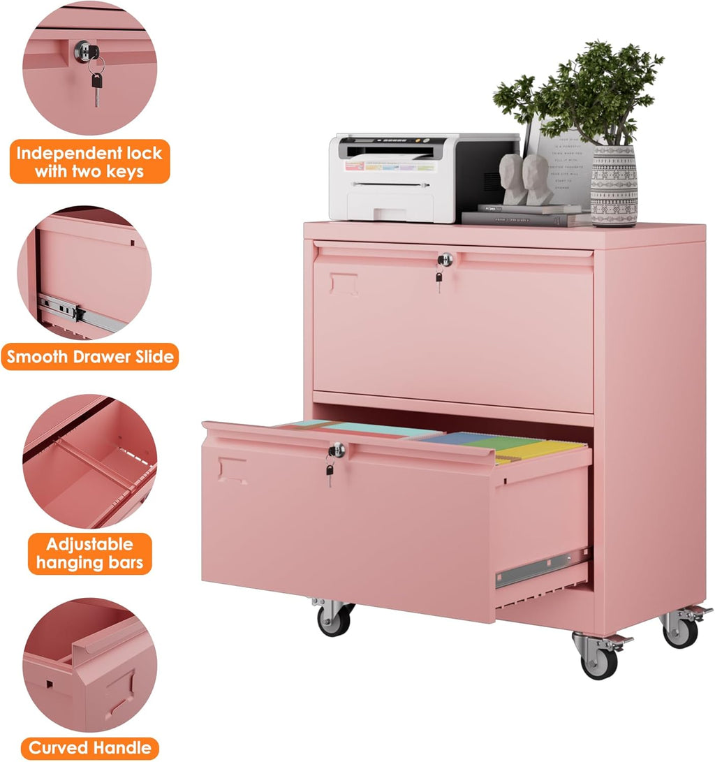 METAN Upgrade 2 Drawers Lateral File Cabinet on Wheels,Steel Office Filing Storage Cabinet with 2 Locks,Assembly Required,Pink