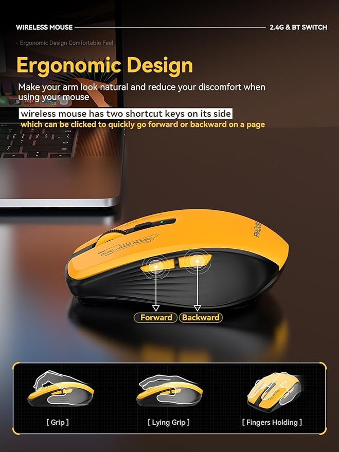 Wireless Mouse (Bluetooth & 2.4GHz USB) with Forward/Backward Side Keys, Silent Click, Ergonomic Portable AA Battery Mice for Laptop/Mac/iPad - Office & Travel Use, Yellow & Black