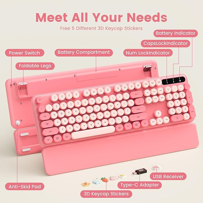 Wireless Keyboard, Round Keycaps, Retro Typewriter Keyboard with Detachable Wrist Rest, Sleep Mode, Foldable Legs, 2.4GHz Full-size Cordless Computer Keyboard for Windows/PC/Laptop (Baby Pink)