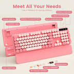 Wireless Keyboard, Round Keycaps, Retro Typewriter Keyboard with Detachable Wrist Rest, Sleep Mode, Foldable Legs, 2.4GHz Full-size Cordless Computer Keyboard for Windows/PC/Laptop (Baby Pink)