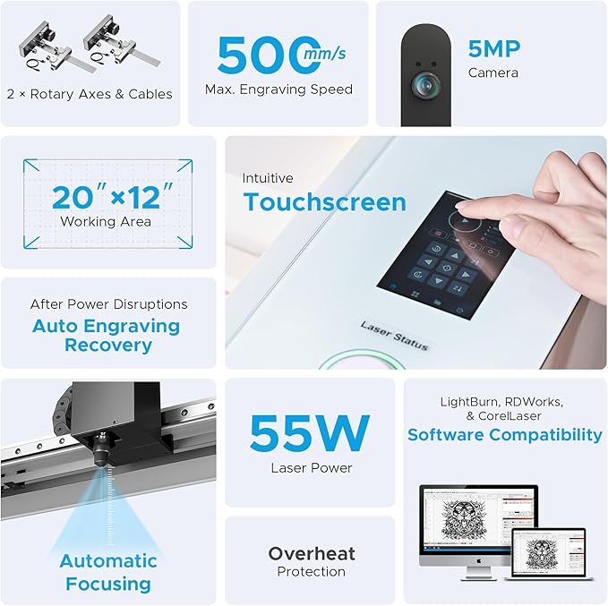 OMTech Polar+ 55W CO2 Laser Engraver Cutter, 20"x12" Work Area, 5MP Camera, Dual Rotary Axes, 500mm/s Speed, with Water Pump, Laser Cutting Machine for Wood Acrylic Glass More
