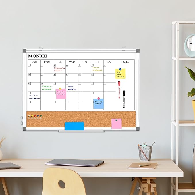 Monthly Calendar Whiteboard Dry Erase Cork Board Combo for Wall, 24" x 18" Double-Sided Calendar White Board and Bulletin Board, Portable Board for Office, Kitchen, School, Home
