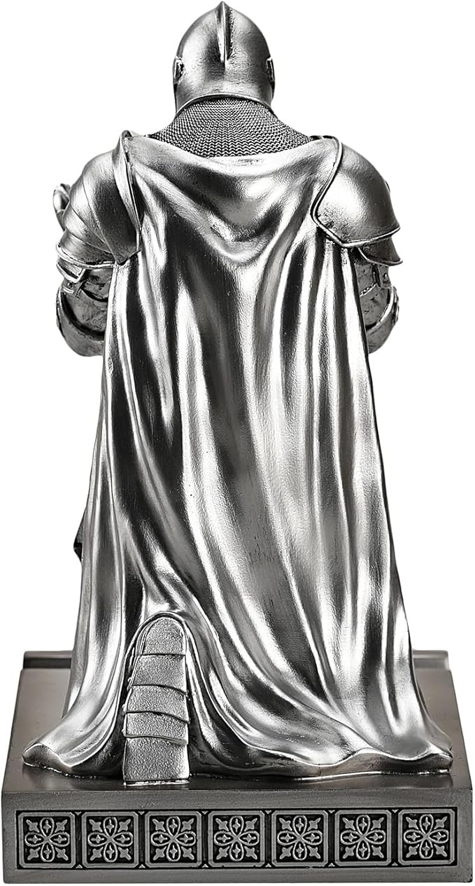 Medieval Armored Warrior Wearing Outerwear, Mobile Phone Stand Knight Pen Holder Desk Organizers, Resin Bookends Paperweight with a Letter Opener for Desk (Silver)
