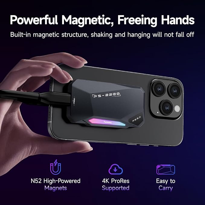 500GB Magnetic Portable SSD,2050MB/s Type-C USB 3.2 Gen 2x2 External SSD,4K ProRes Record and Store,Aluminum alloy,RGB Touch Lighting,External Solid State Drive for iPhone15/16/Android/PC/Mac -PS2200