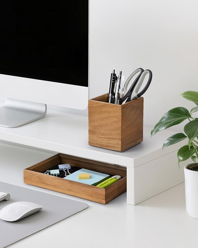 HULISEN Wooden Desk Organizer Tray with Pen Holder, Non-Slip Desk Tray and Pencil Holder Set with Felt Lined, Desktop Accessories for Home Office Workspace Organization