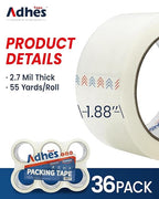 ADHES Heavy Duty Packing Tape, 36 Rolls, 1.88 Inch x 55 Yards, 2.7 mil Clear Shipping Tape Strong & Durable Package Tape for Shipping, Moving, Mailing and Sealing