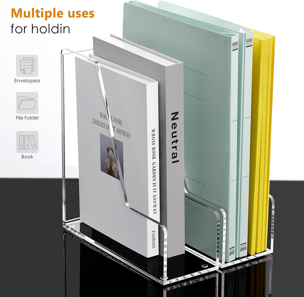 2-Pack Acrylic Magazine File Holder Desk Organizer Magazine Rack, Clear, Vertical File Sorter Holders, 9.45"D x 3.54"W x 10.24"H