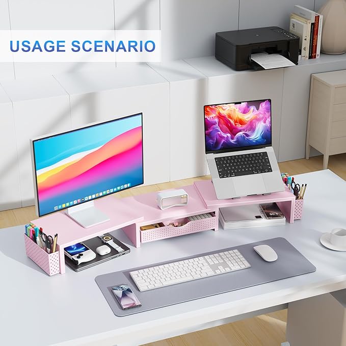 gianotter Dual Monitor Stand Riser, Desk Organizer With Drawer and 2 Pen Holders,Desk Organizers and Accessories, Pink Office Supplies (Pink)