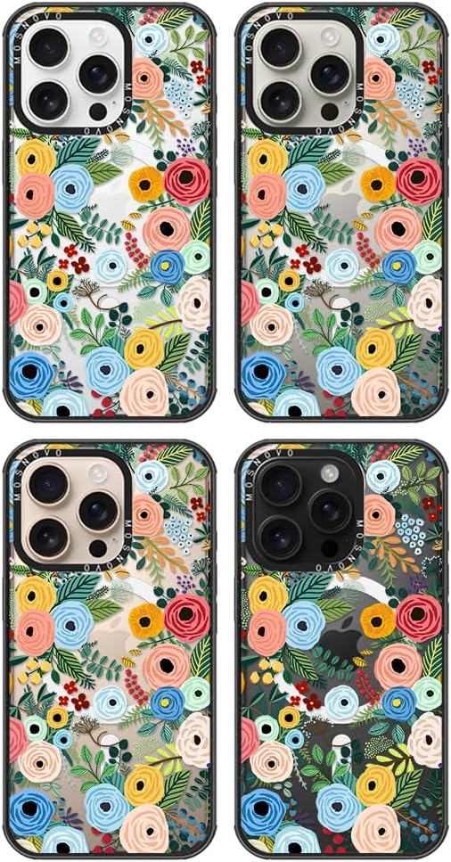 MOSNOVO Magnetic Case for iPhone 16 Pro, 10ft Military-Grade Protection, Compatible with Magsafe, Shockproof Phone Case for iPhone 16 Pro - Pastel Floral Garden - Clear Black