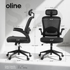 Oline ErgoAir Ergonomic Office Chair – Adjustable Lumbar Support, Flip-Up Armrests, Mesh Computer Desk Chair, Swivel Rolling Executive Gaming Chair for Home & Office (Black)