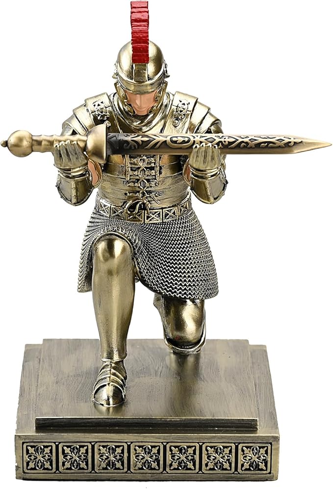 Roman Praetorian Warrior Knight Pen Holder Desk Ornament Resin Pencil Holder Desk Accessories and Organizer for Office with a Letter Opener (Bronze)