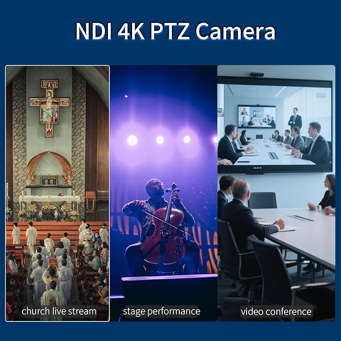 4K NDI PTZ Camera with AI Auto Tracking 21X Optical Zoom HDMI/SDI/USB 3.0/PoE/IP for Church Worship, Live Events, Video Conferencing (OBS, vMix, Zoom, Teams)