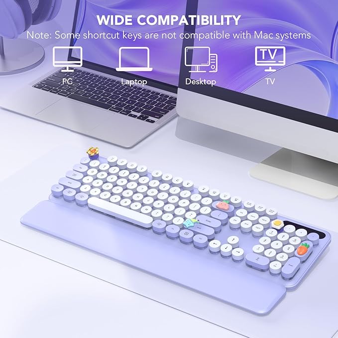 Wireless Keyboard, Round Keycaps, Retro Typewriter Keyboard with Detachable Wrist Rest, Sleep Mode, Foldable Legs, 2.4GHz Full-size Cordless Computer Keyboard for Windows/PC/Laptop (Colorful-Purple)