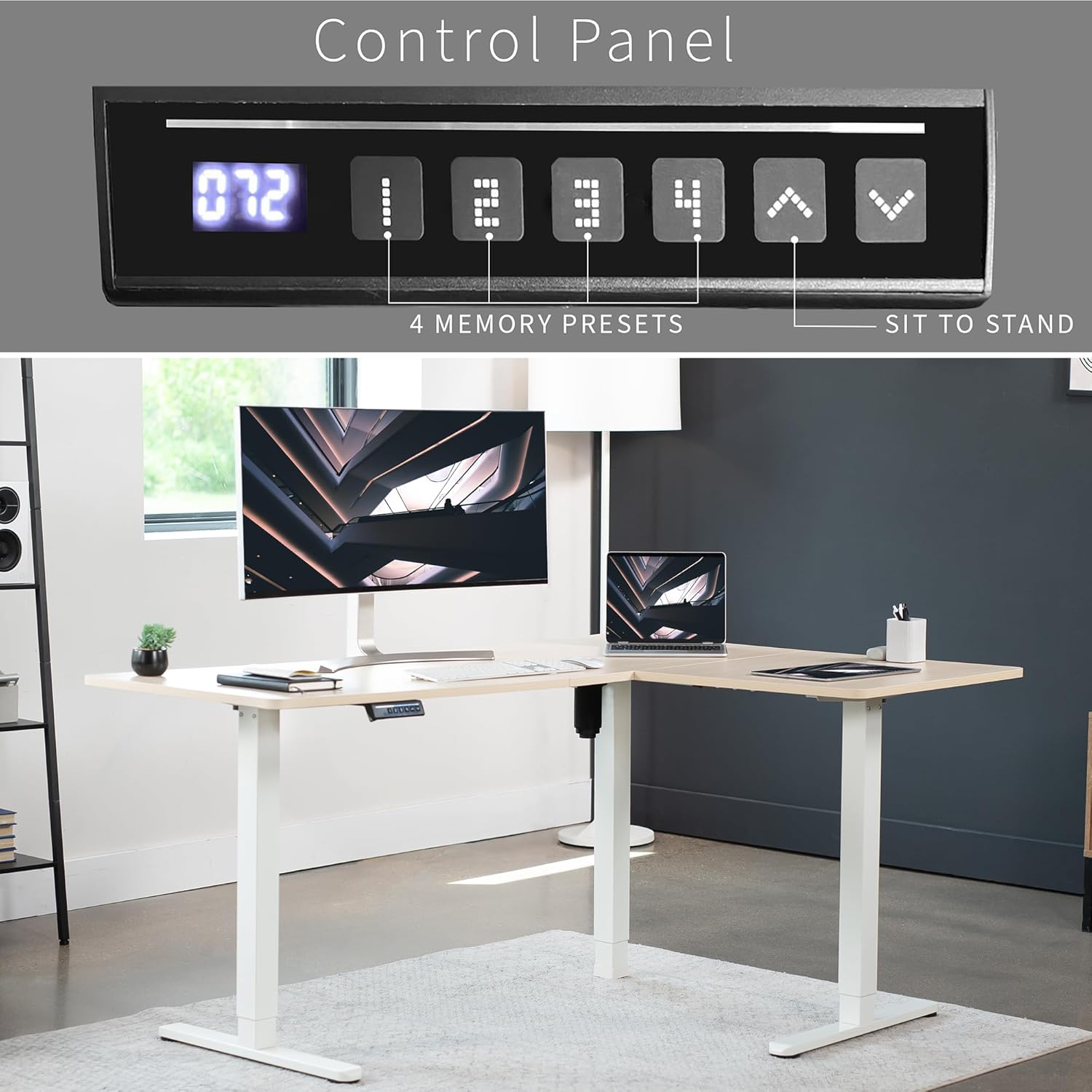 VIVO Electric Corner L-Shaped 63 x 47 in Standing Desk, Memory Height Adjustment, Light Wood Top White Frame, DESK-E3CTWC-47