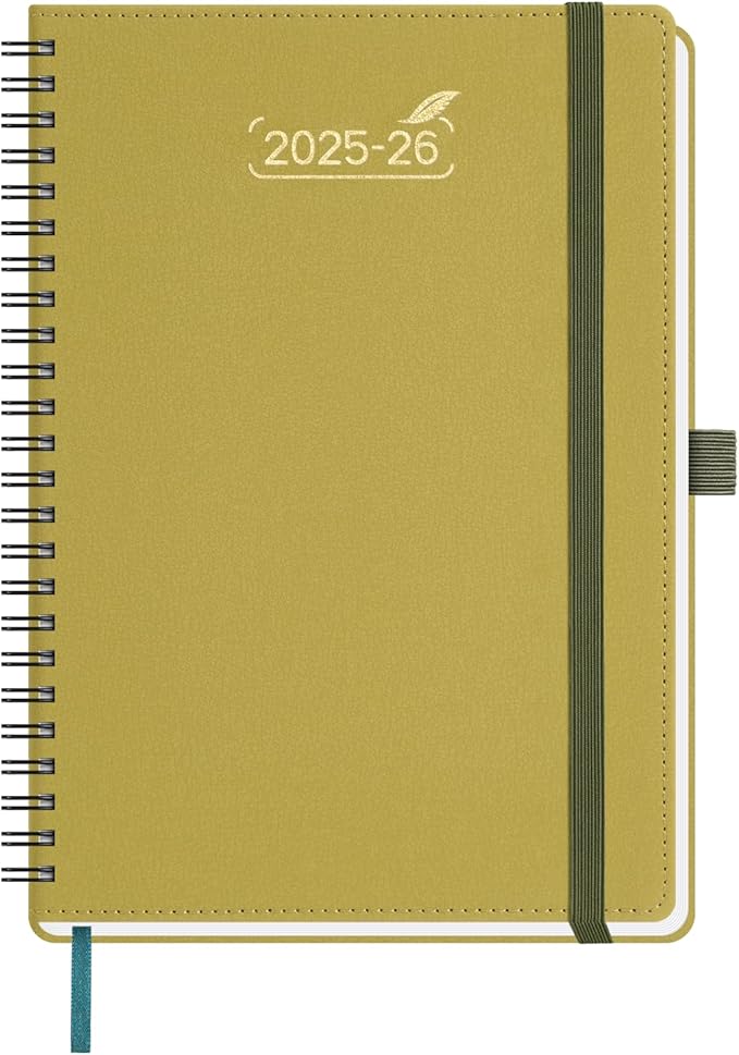 BEZEND Weekly Planner 2025-2026 with 2 Columns, 5.8" x 8.5" Academic Calendar 18 Months (Jul 25-Dec 26) Life Work Appointment Book with Monthly Tab, PU Leather Softcover Spiral - Mustard