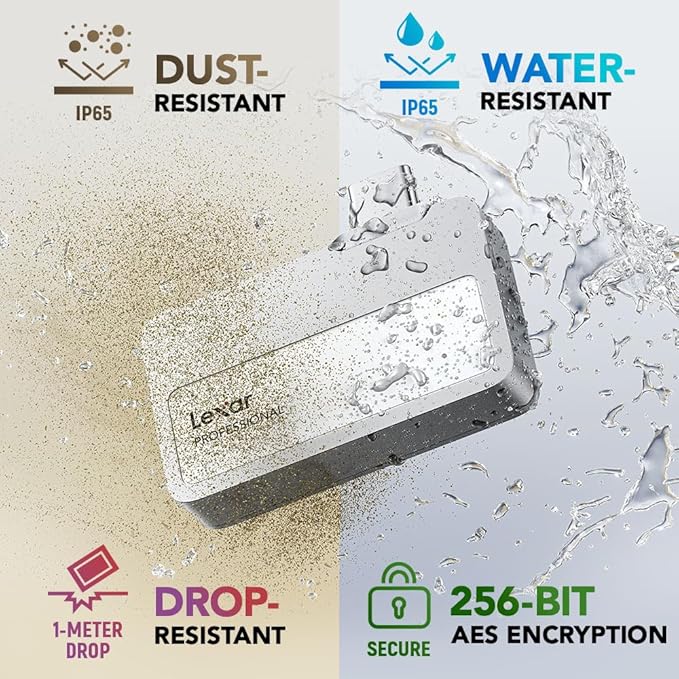 Lexar 2TB Professional Go Portable SSD, Supports Apple 4K 60fps ProRes, Up to 1050MB/s, USB 3.2 Gen 2, Rugged, IP65, Ultracompact, Compatible w/iPhone 15/16, External SSD (LSL400X002T-RNSNU)