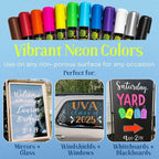Liquid chalk markers washable, erasable, dry or wet erase. 6 neon markers for whiteboards, glass boards, mirrors, chalkboards, windows, car windshields, glass. Non-toxic, reverse tip pens