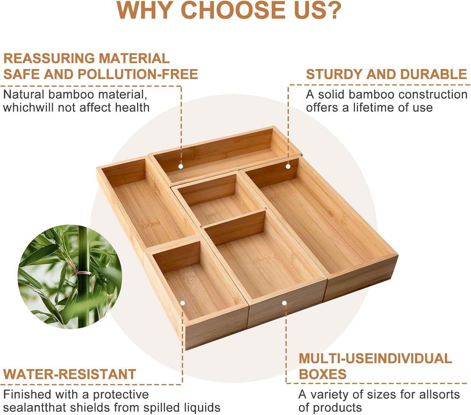 Bamboo Drawer Organizer 5 Pcs for Kitchen Multi-purpose Storage Dividers for Kitchen, Office, Jewelry, Cosmetics, Wooden Drawer Dividers for Drawer Organizer Desk Organizer Gift for Women Gifts Idea