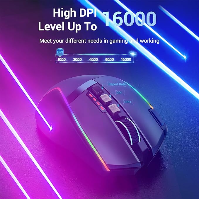 Redragon Wireless Gaming Mouse, Ergonomic Mouse 16000 DPI with Rapid Fire Key, 9 Macro Buttons, 170-Hour Durable Power Capacity and RGB Backlight Wired/Wireless Mouse for Laptop/Mac/PC