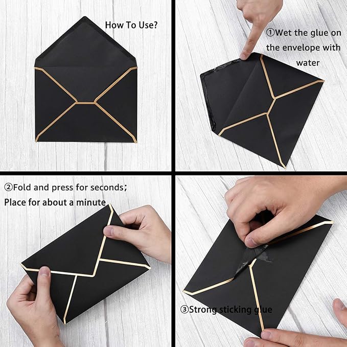 50 Pack A4 Envelopes Black 4x6 Self-Adhesive V Flap Envelopes with Gold Border for Office, Wedding Gift Cards, Invitations, Graduation, Baby Shower, Parties (4.25x6.25 inches)