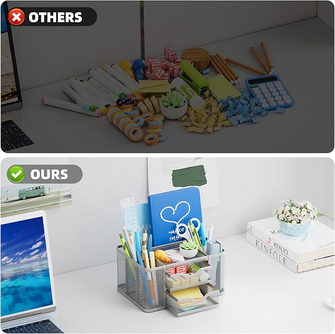 Marbrasse Mesh Desk Organizer, Pen Organizer with 2 Drawer, Multi-Functional Pencil Holder, Desk Organizers and Accessories with 5 Compartments + Drawer for Office Art Supplies (Silver)