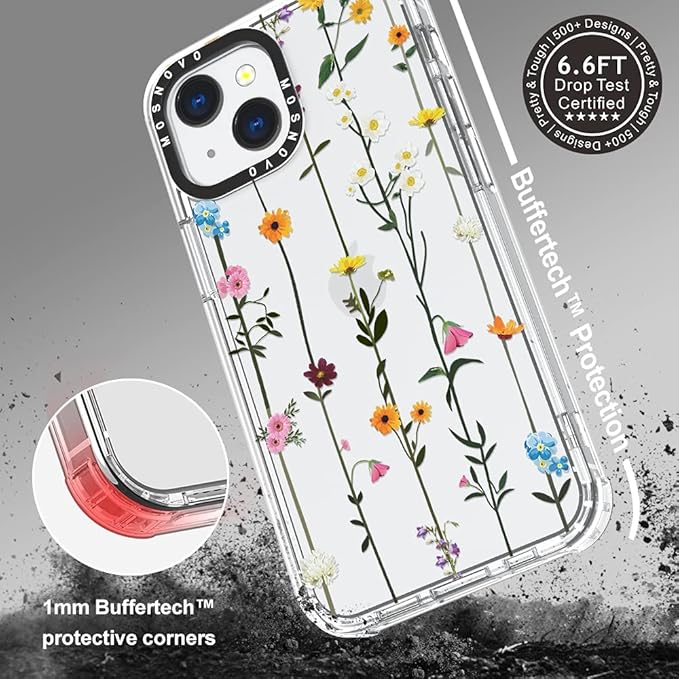 MOSNOVO Case for iPhone 13, [Buffertech 6.6ft Military-Grade Drop Protection] [Anti Peel Off Tech] Clear TPU Bumper Phone Case Cover Design - Wildflowers