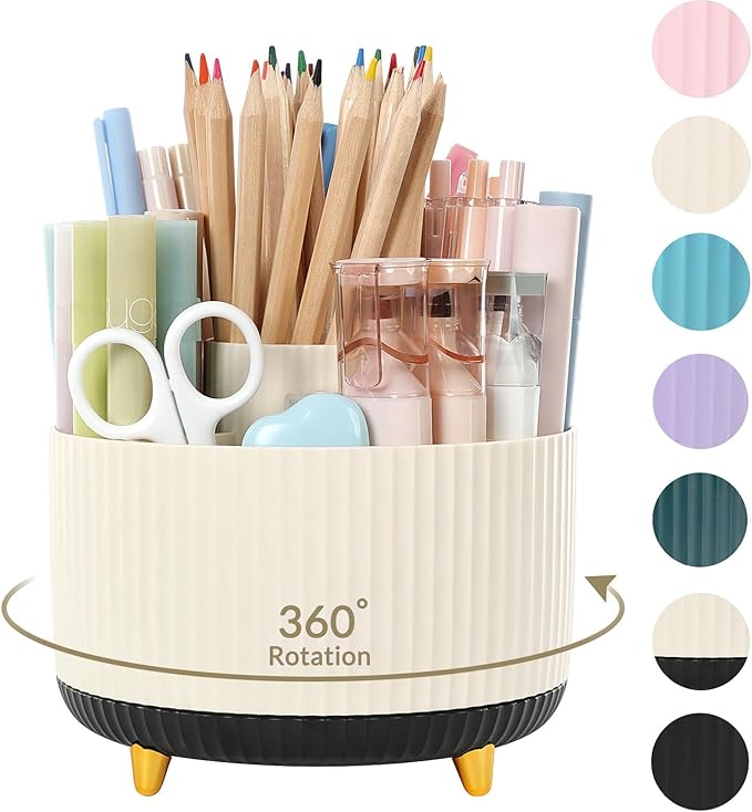 SKYDUE 360 Rotating Organizer, Dual-Purpose Pencil Pen Holder, 5-Slot Rotating Pencil Cup for Office, School, Home (Beige-Black)