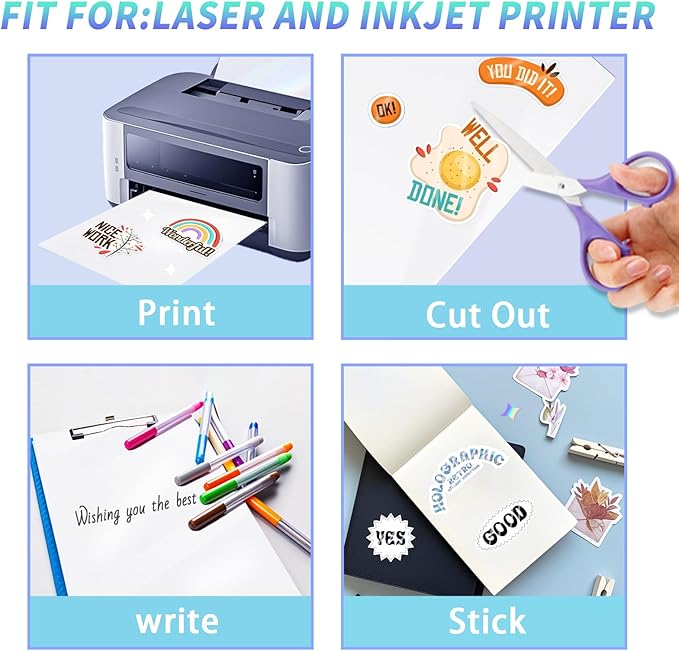 Printable Vinyl Sticker Paper for Inkjet Printer - Glossy White - 22 Decal Label Self-Adhesive Sheets 8.5"x11"- Dries Quickly