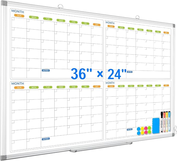 Dry Erase Calendar Whiteboard for Wall, 36" x 24" Magnetic Planner, Silver Aluminum Frame 4 Month Board for Office Home and School