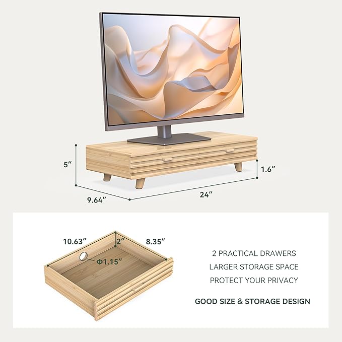 Bamboo Monitor Stand with Drawer - Desk Organizer with Cable Management & Storage, Ergonomic Laptop Riser for Home Office (220lbs Capacity, 24 inch ,Natural)