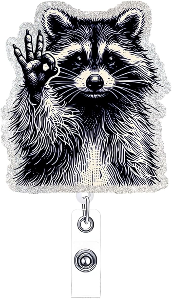 Raccoon ID Badge Reel Holder Retractable Medical Badge Reels Designs Cute and Funny Racoon OK Gesture Shirt Badge Clip Holders for Teacher Doctor Office Retractable Nursing Social Worker Accessories