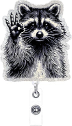 Raccoon ID Badge Reel Holder Retractable Medical Badge Reels Designs Cute and Funny Racoon OK Gesture Shirt Badge Clip Holders for Teacher Doctor Office Retractable Nursing Social Worker Accessories