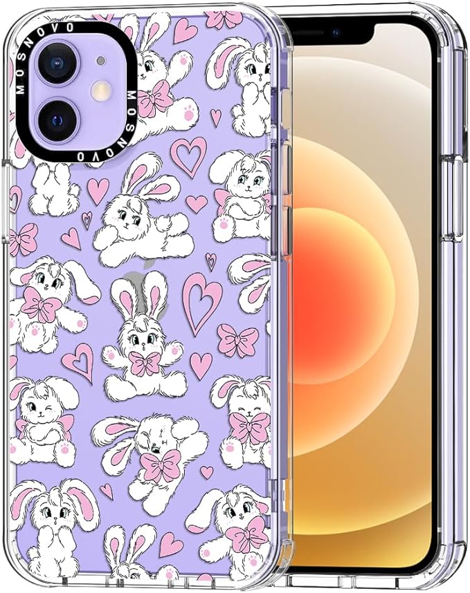 MOSNOVO Case for iPhone 12 Mini, [Buffertech 6.6ft Military-Grade Drop Protection] [Anti Peel Off Tech] Clear TPU Bumper Phone Case Cover Design - Bunnies