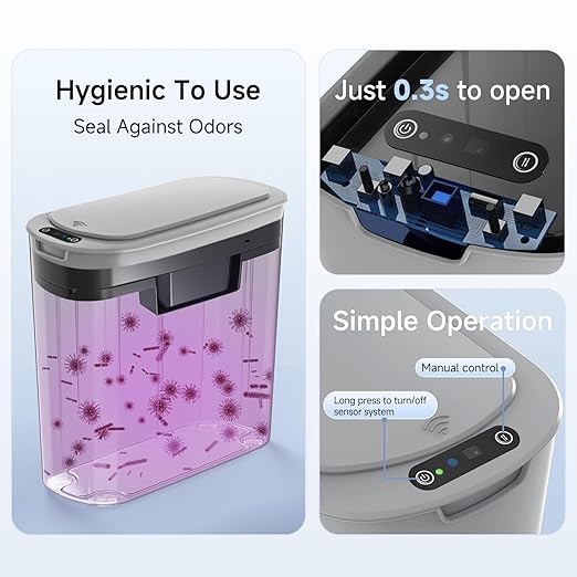 5 Gallon Motion Senor Bathroom Trash Can with Lid, Automatic Garbage Can Touchless, Smart Plastic Waste Basket for Narrow Spaces, Bathroom, Office, Bedroom, Living Room (Gray)