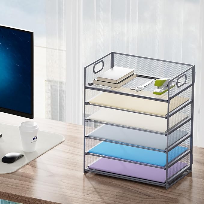 Marbrasse 6 Tier Paper Organizer Letter Tray - Mesh Desk File Organizer with Handle, Paper Sorter for Letter/A4 Office File Folder Holder - Grey