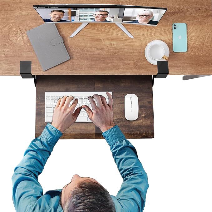 ETHU Keyboard Tray Under Desk, 19.7" X 12.2" Small Size C Clamp Keyboard Drawer Under Desk, Computer Keyboard Stand Slide Pull Out, Ergonomic Keyboard Tray for Home, Office (Wood)