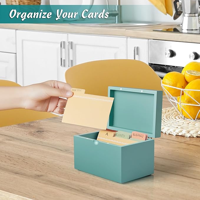 DRASTAR Index Card Holder, 3x5 Index Card Box, Wooden Index Card Organizer with 45 Index Card Dividers, Flashcard Notecard Holders for Home Office, Teal