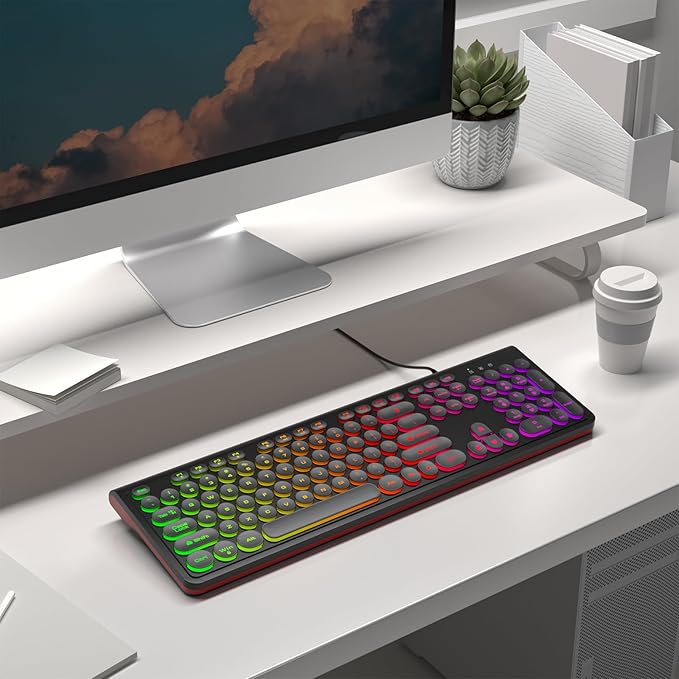 USB Wired Keyboard with Backlit 7-Colors, Full Size Keyboard with Retro Keycaps, Numeric Keypad and Media Hotkey for Computer Desktop PC Laptop and Windows 7 8 10 11