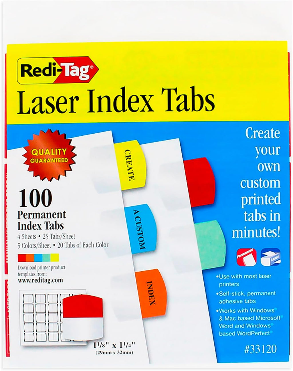 Redi-Tag Laser Index Tabs, Divider Tabs, Permanent Adhesive Indexes, Customizable Divider Labels, 1-1/8" x 1-1/4", Assorted Colors, 100 Tabs (B33120)
