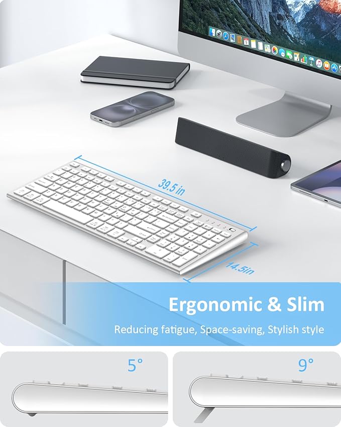 FENIFOX Wireless Keyboard, Bluetooth + USB Ergonomic Silent Quiet Rechargeable with Number Pad Compact Full Size Multi Device Keyboards for iPad Tablet Mac Computer Surface PC MacBook Laptop Silver